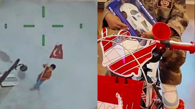 BAYRAĞIYLA POLİS HELİKOPTERİNİ SELAMLADI, ÖDÜLÜ BİSİKLET OLDU